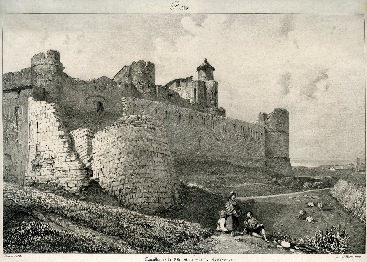 Carcassonne, mura della città, gravemente danneggiate da Eugene Emmanuel Viollet le Duc