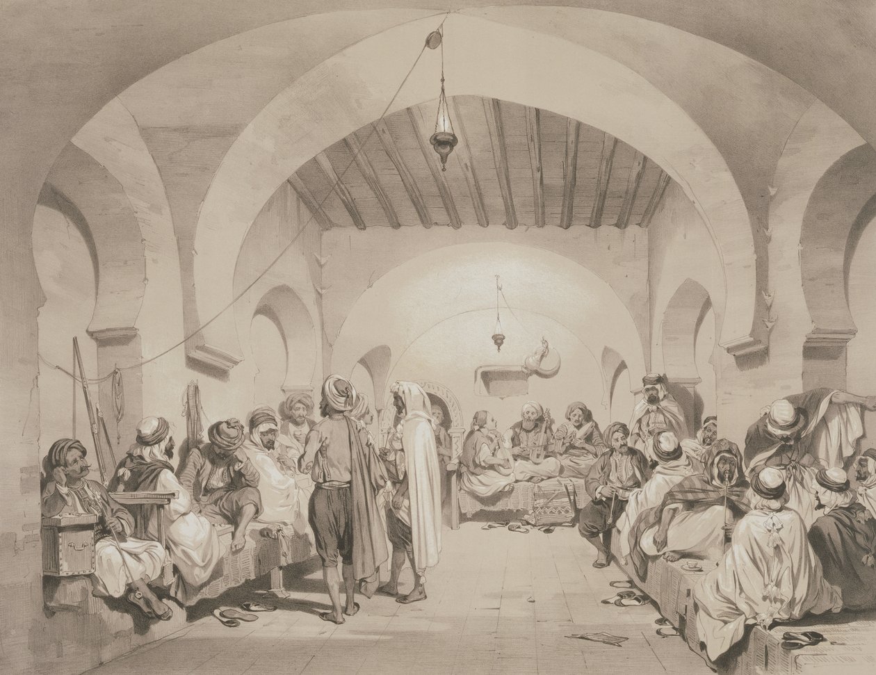 Café du Divan, Algeri, da un volume commemorativo della Forza di Spedizione Francese che catturò Algeri nel 1830, inciso da Adolphe Jean-Baptiste Bayot (1810-66) da Eugene Flandin