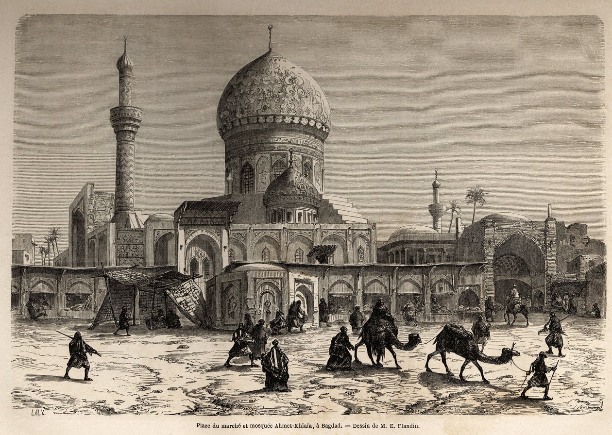 La Piazza del Mercato e la Moschea di Ahmet Khiaia a Baghdad, disegno di Eugene Flandin (1809-1876), per illustrare il suo viaggio in Mesopotamia nel 1840-1842. Incisione in "Le tour du monde" 1861. Collezione Selva. da Eugene Flandin
