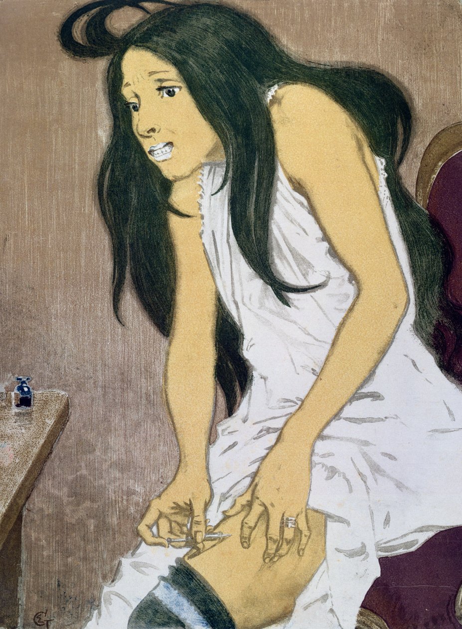 Una tossicodipendente che si inietta, inizio XX secolo da Eugene Grasset