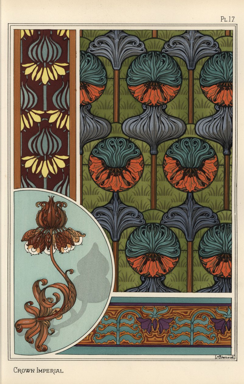 Fiore imperiale, Fritillaria imperialis, in motivi per carta da parati e tessuti, e come design per una lampada in ferro battuto da Eugene Grasset