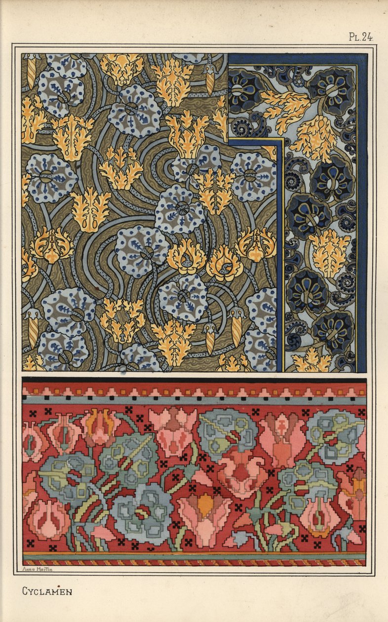 Pianta di ciclamino persiano come motivo nei disegni per arazzi, tessuti e carta da parati. Litografia di Anna Martin da Eugene Grasset