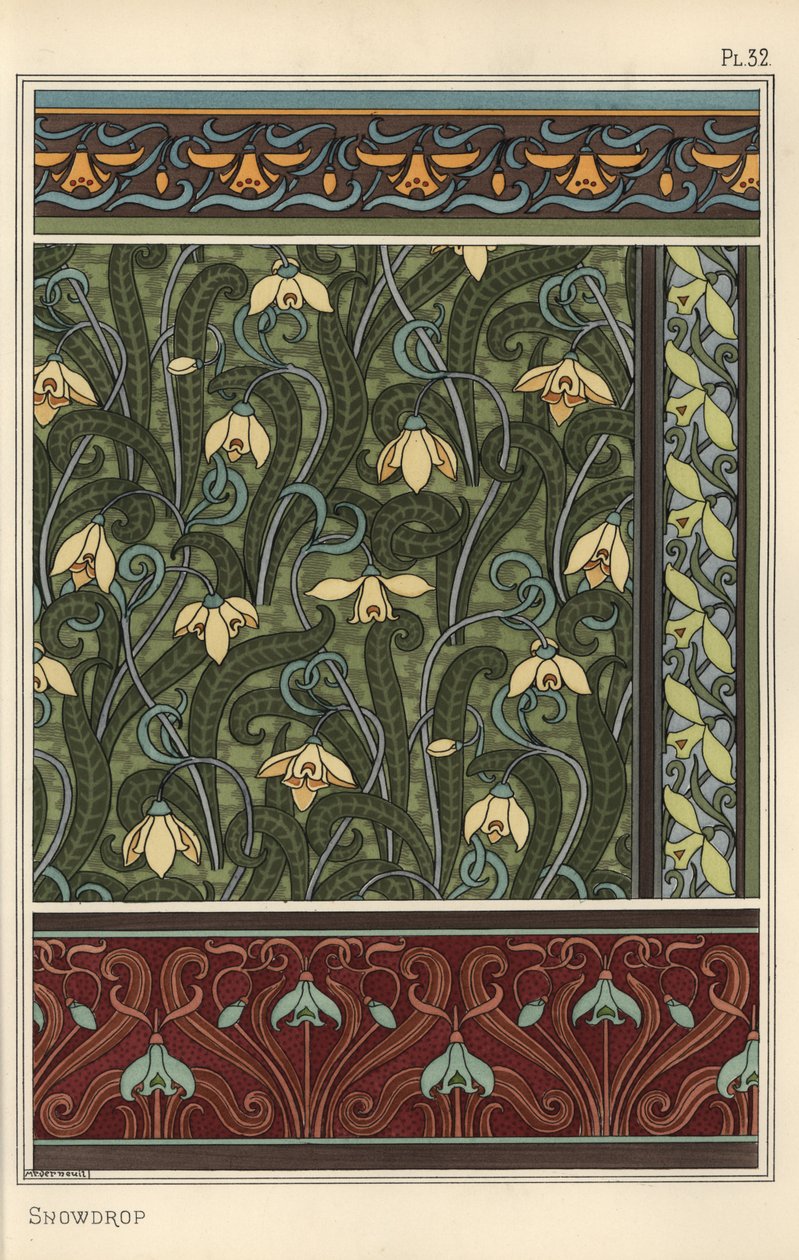 Bucaneve, Galanthus nivalis, come motivo di design in carta da parati, bordi e tessuti da Eugene Grasset