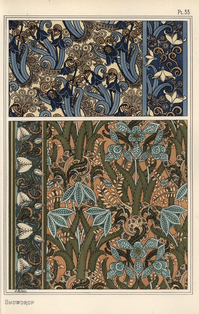 Bucaneve, Galanthus nivalis, come motivo di design in carta da parati, bordi e tessuti da Eugene Grasset