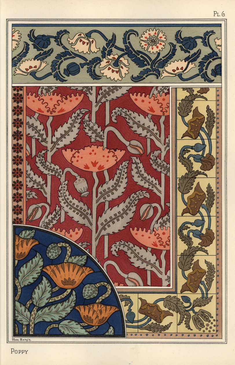 Il papavero, Papaver somniferum, in vetro colorato, carta da parati, tessuti e motivi per piastrelle. Litografia di Marc Mangin da Eugene Grasset