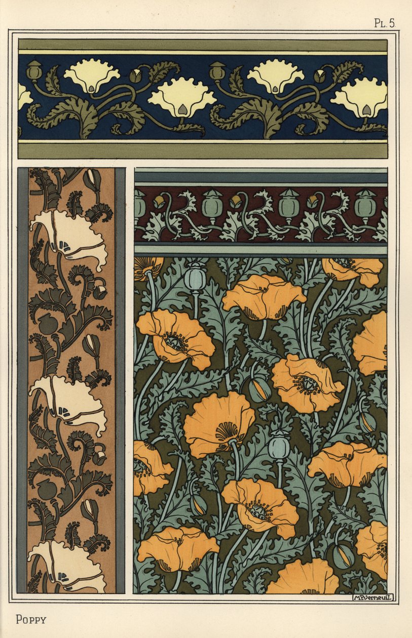 Il papavero, Papaver somniferum, in motivi per carta da parati e tessuti da Eugene Grasset