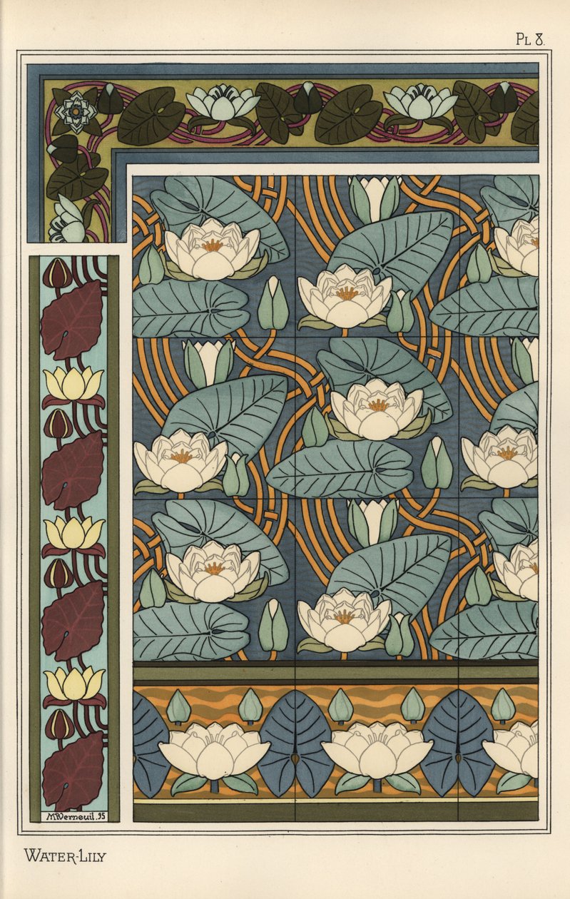 Il ninfea, Nelumbo lutea, in motivi per carta da parati e piastrelle da Eugene Grasset