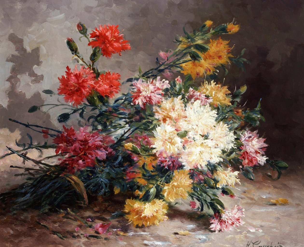 Bouquet di garofani. Dipinto di Eugene Henri Cauchois (1850-1911) Collezione privata. da Eugene Henri Cauchois