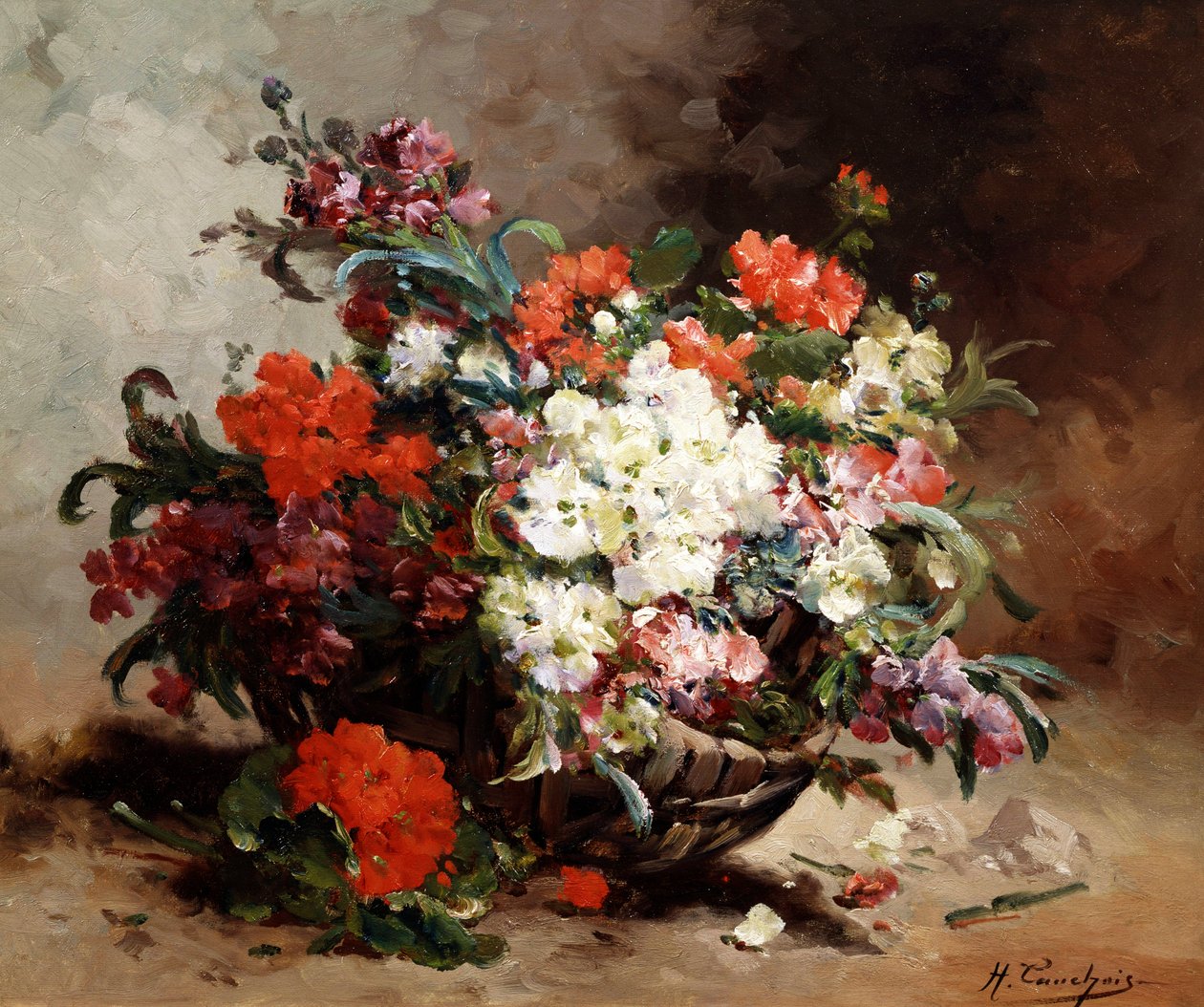 Fiori estivi in un cesto. Dipinto di Eugene Henri Cauchois (1850-1911 Francia) Collezione privata da Eugene Henri Cauchois