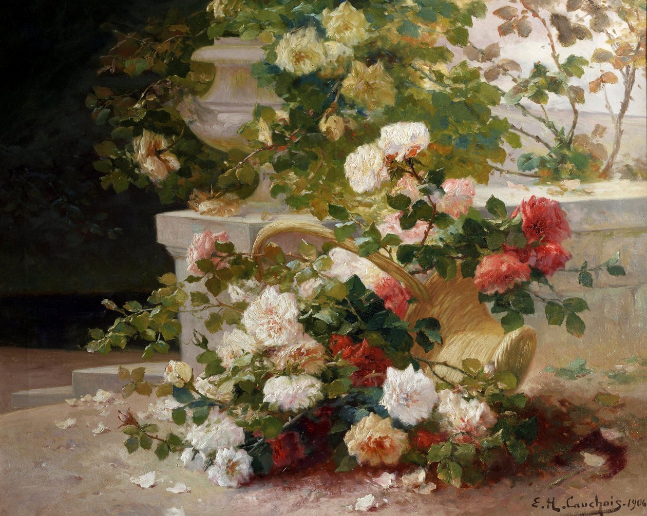 Cesto di rose. Dipinto di Eugene Henri Cauchois (1850-1911) Collezione privata. da Eugene Henri Cauchois