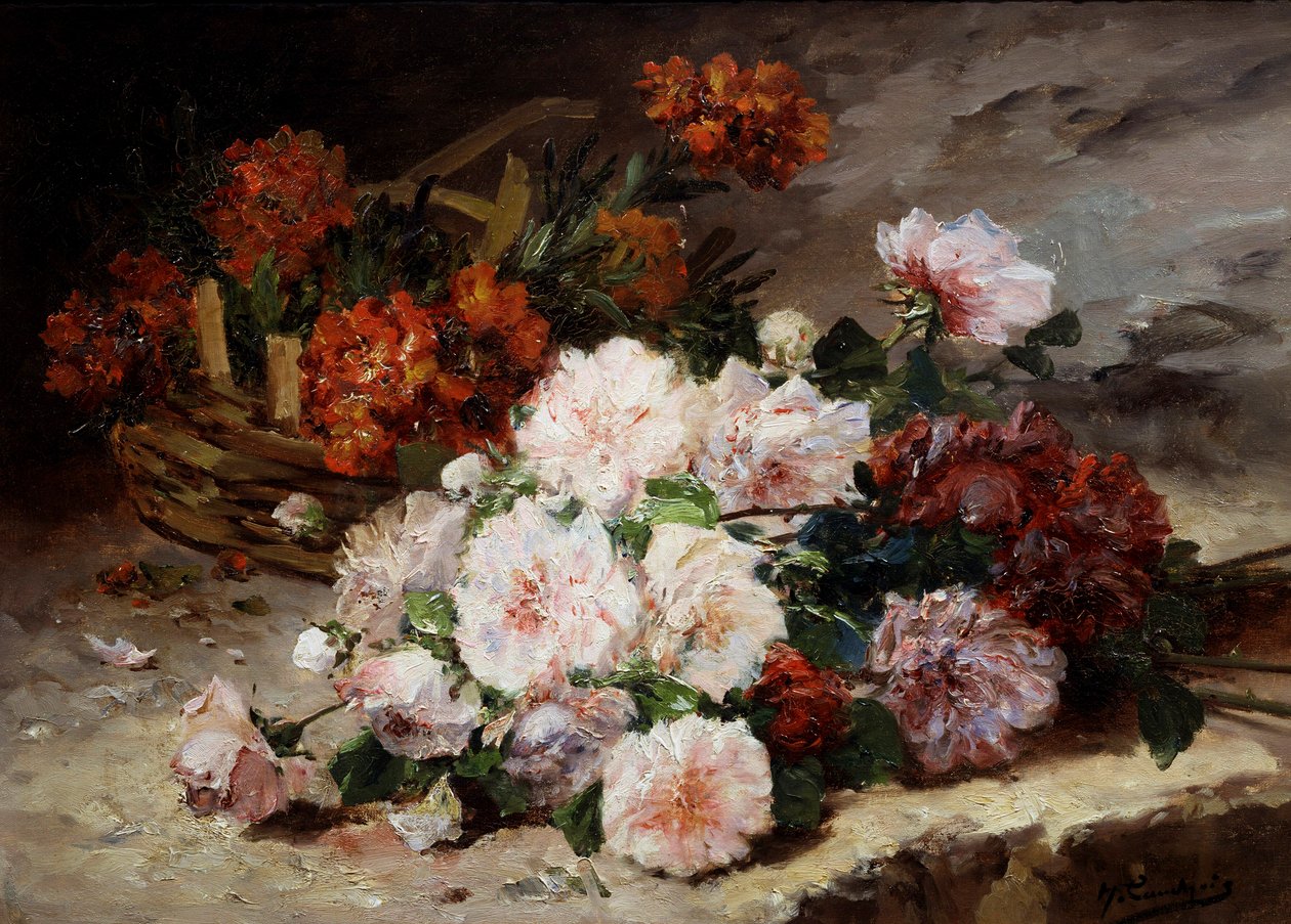 Rose e chiodi di garofano. Dipinto di Eugene Henri Cauchois (1850-1911) Collezione privata. da Eugene Henri Cauchois