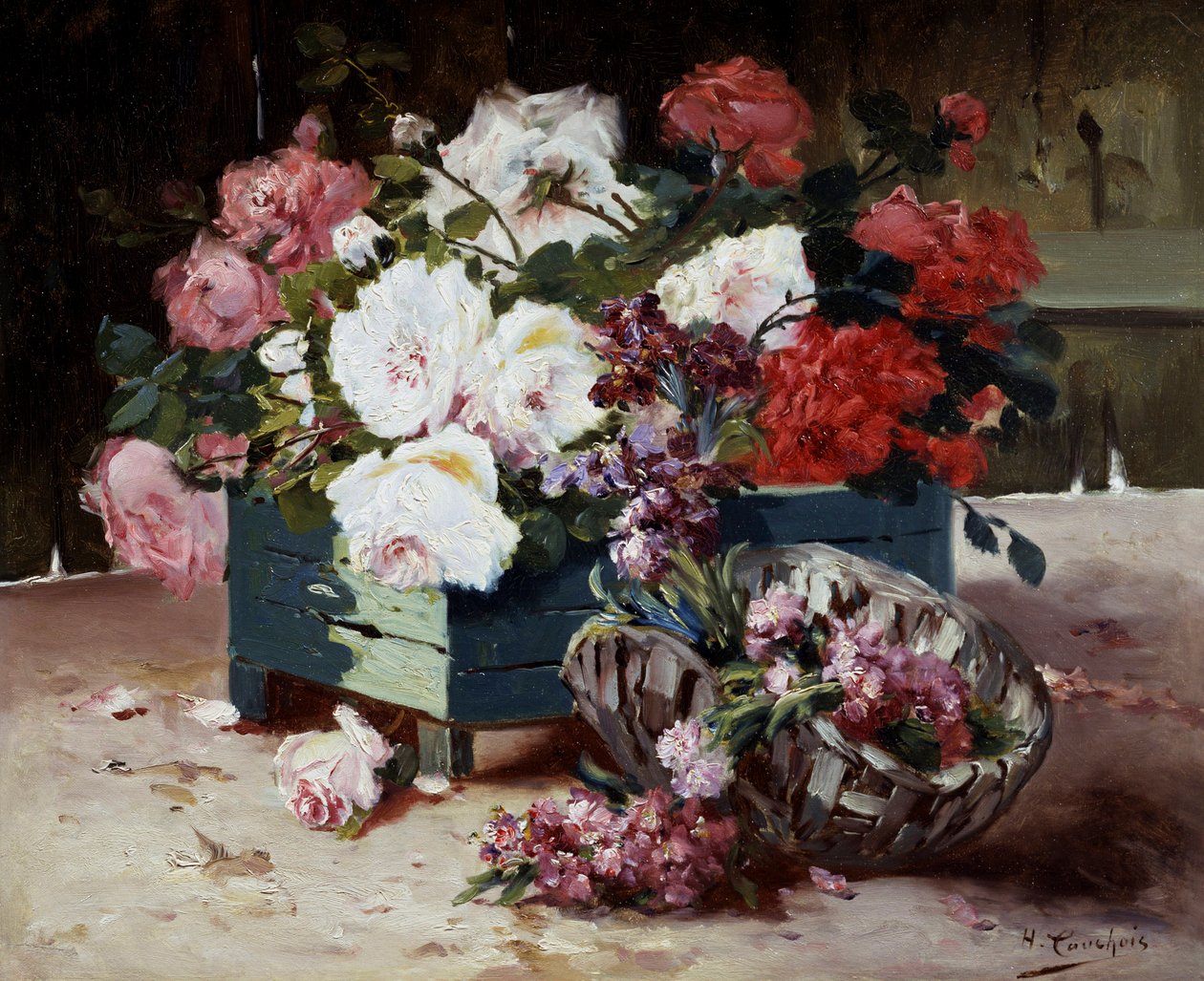 Rose rosse e rosa. Dipinto di Eugene Henri Cauchois (1850-1911) Collezione privata. da Eugene Henri Cauchois