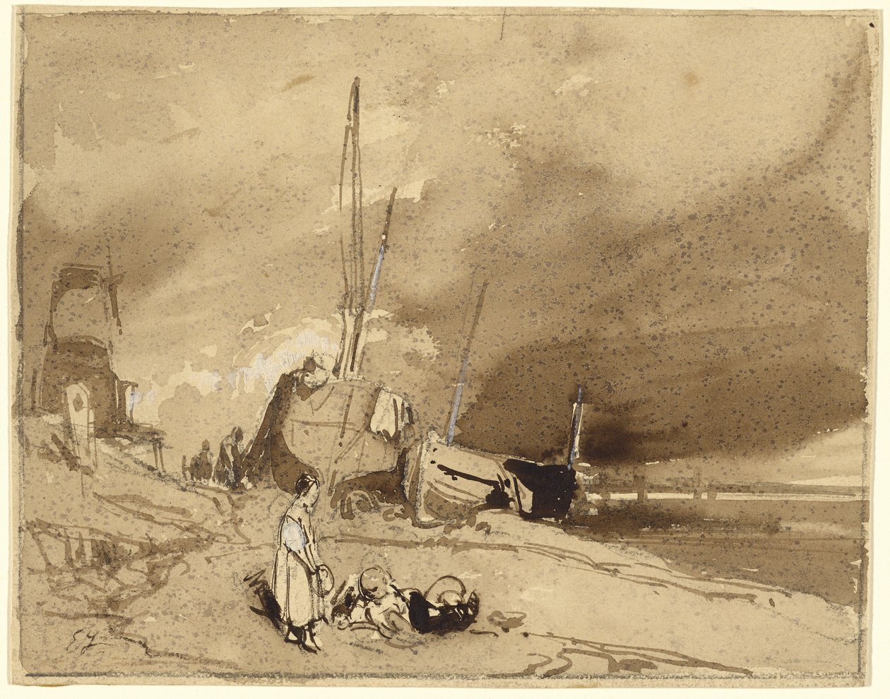 Bord de Plage (barche da pesca su una spiaggia, nuvole di tempesta in lontananza) da Eugene Isabey