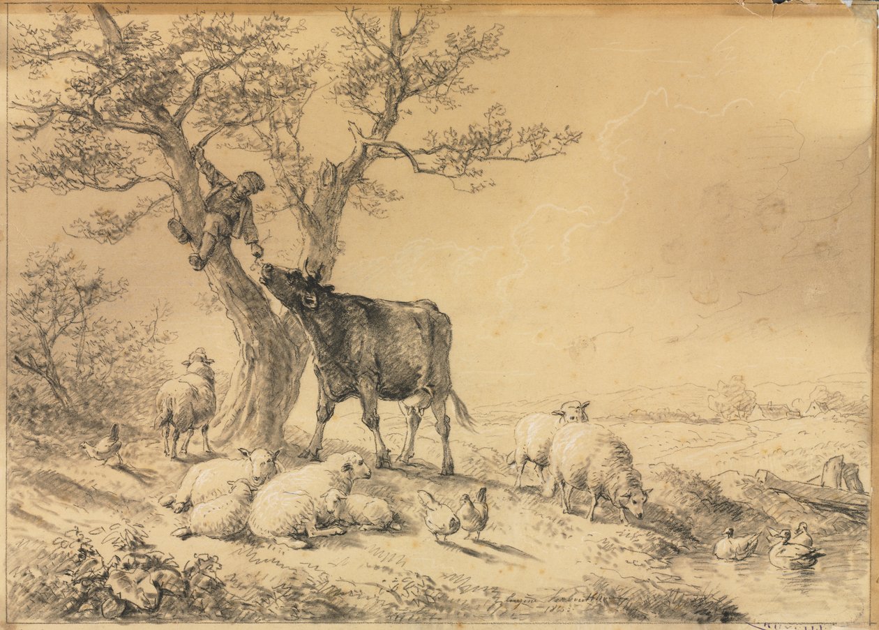 Paesaggio con animali e ragazzo sull