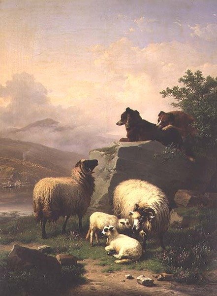 Pecore e agnelli con due cani in un paesaggio fluviale da Eugene Joseph Verboeckhoven