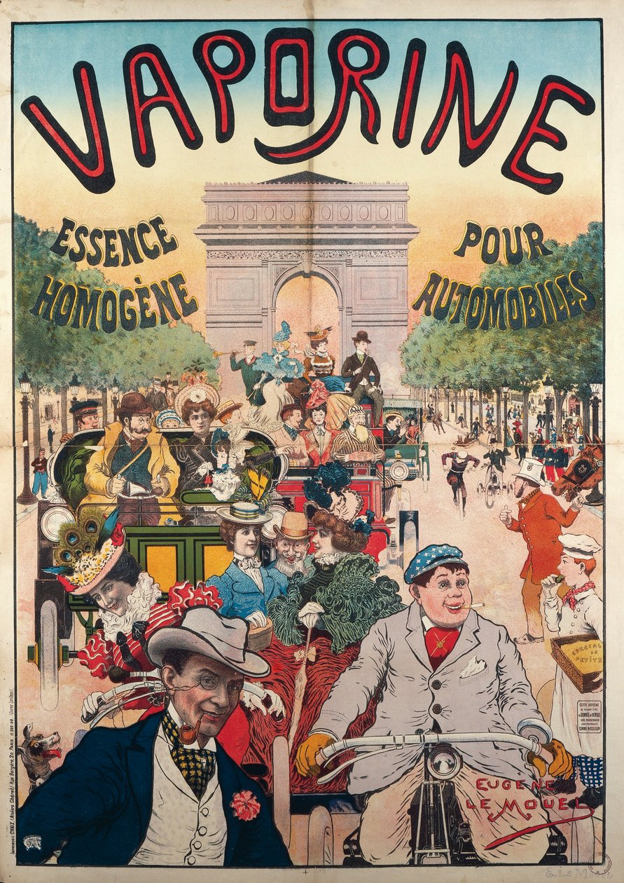 Vaporine Essence Homogene pour Automobiles, illustrazione firmata da Eugene Le Mouel da Eugene Le Mouel