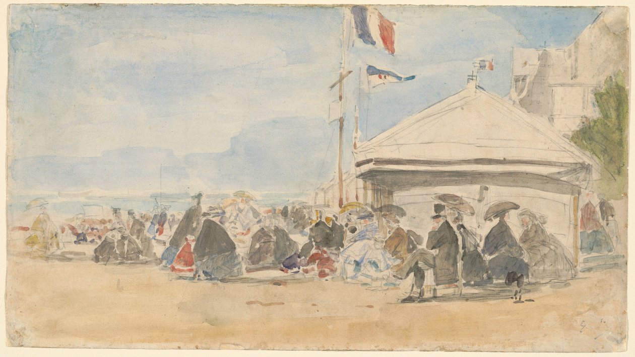 Casa sulla Spiaggia con Bandiere a Trouville, c. 1865 da Eugene Louis Boudin