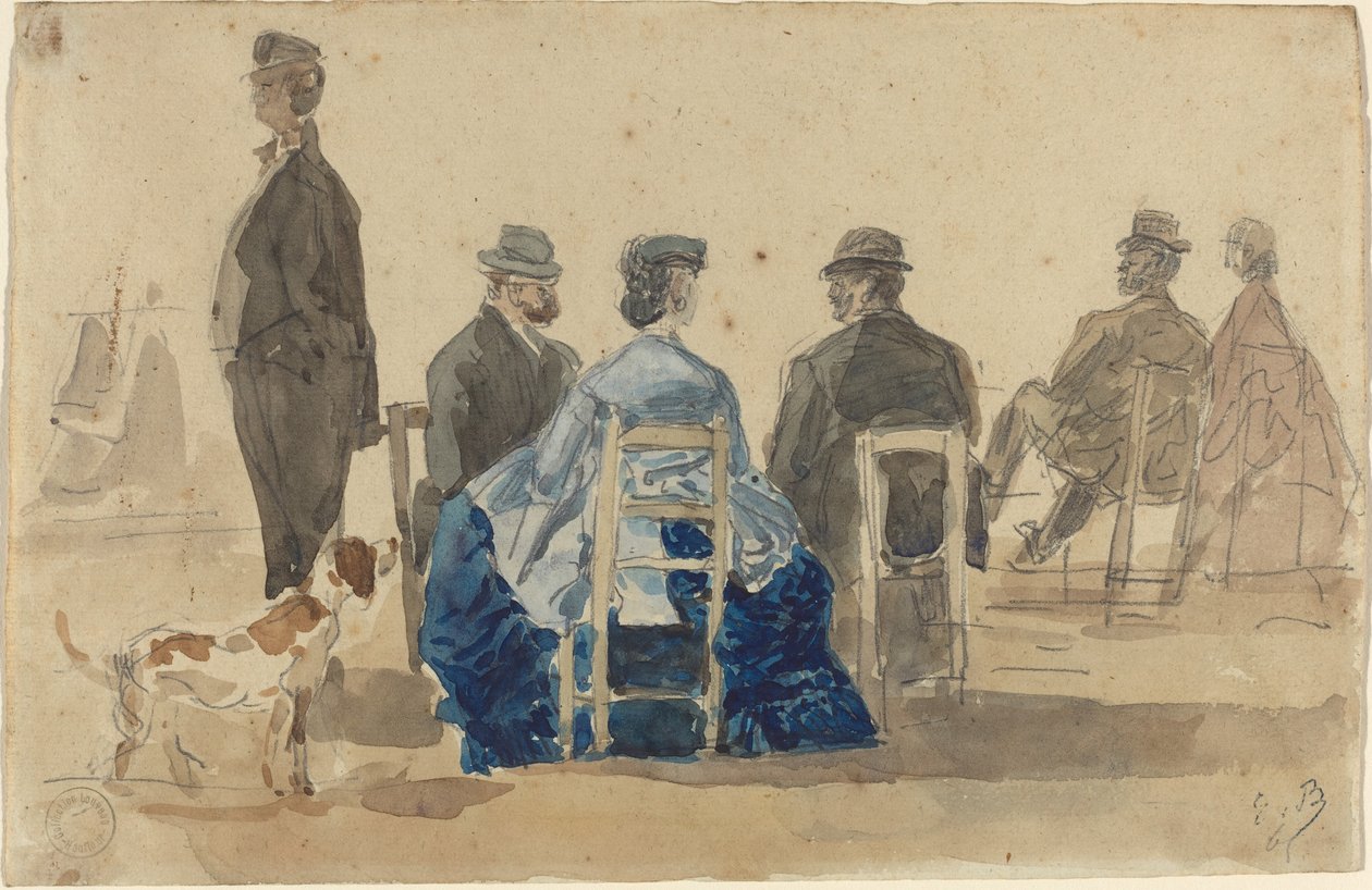 Signore e Signori Seduti sulla Spiaggia con un Cane da Eugene Louis Boudin
