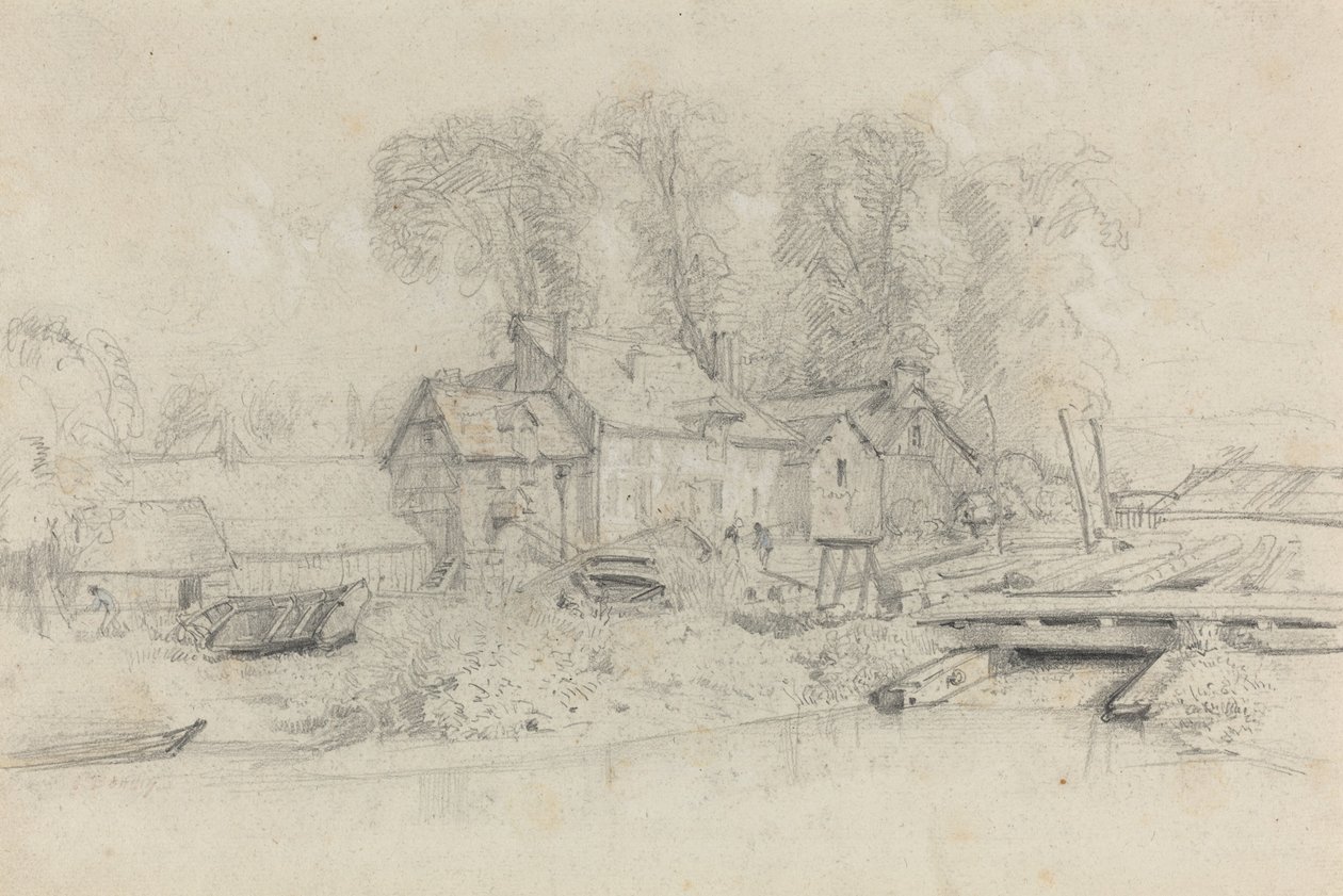 Paesaggio fluviale con edifici, barche e figure da Eugene Louis Boudin