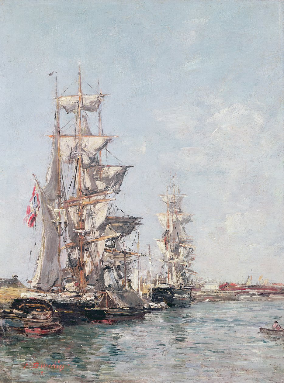 Barche a tre alberi al molo nel porto di Deauville, c.1888-89 da Eugene Louis Boudin