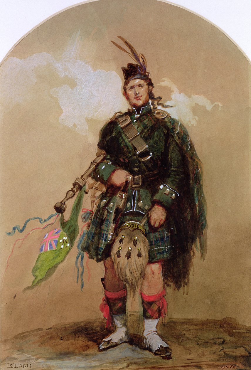 Un pifferaio degli Highlanders del 79° al campo di Chobham nel 1853 da Eugene Louis Lami