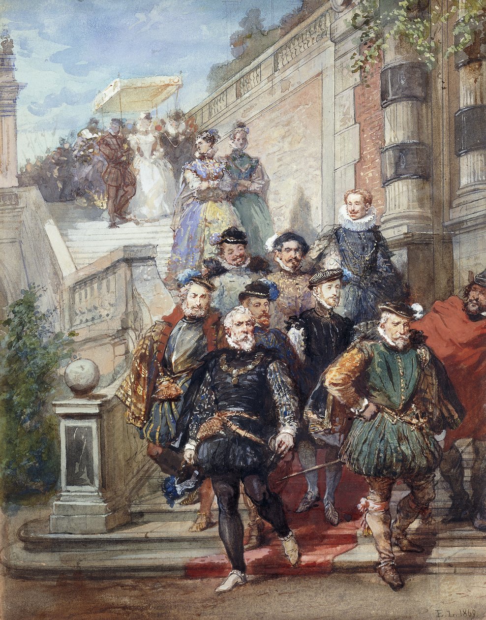 Una processione reale che scende una scalinata in un giardino, 1869 da Eugene Louis Lami