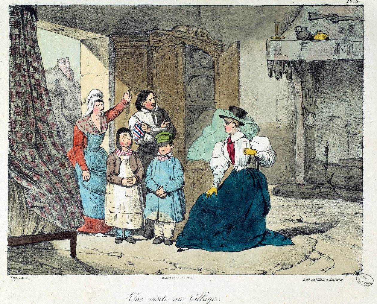 Una visita al villaggio. Una donna ricca visita una famiglia povera. Illustrazione del libro 