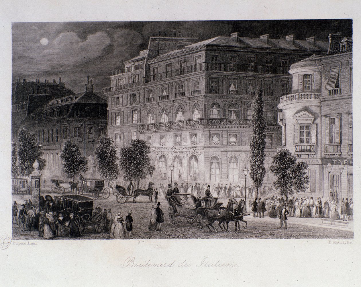 Animazione intorno ai teatri del boulevard des Italiens a Parigi. Incisione di Eugène Louis Lami (1800-1890) 1843 Collezione privata da Eugene Louis Lami