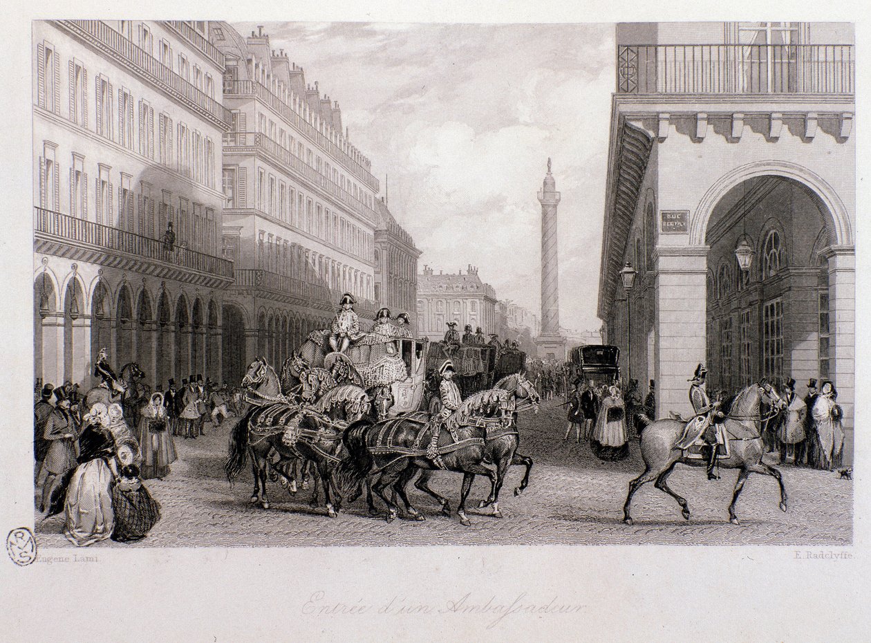 Corteo di un ambasciatore sulla Place de la Bourse al suo arrivo a Parigi. Incisione di Eugene Louis Lami (1800-1890) 1843 Collezione privata da Eugene-Louis Lami