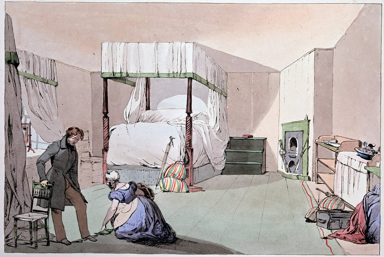 Ostello: un servo aiuta un cliente a indossare le scarpe. Illustrazione di Eugene Louis Lami (1800-1890), metà del XIX secolo da Eugene Louis Lami