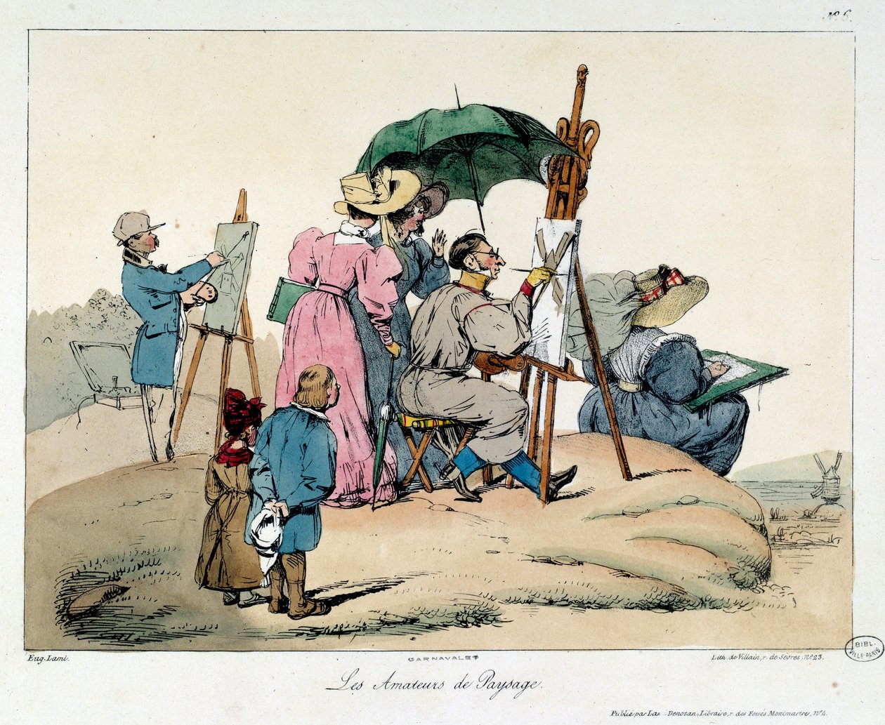 Amanti del paesaggio. Pittori presentati si riuniscono per dipingere un paesaggio marittimo. Illustrazione del libro la vie de chateau da Eugene Louis Lami