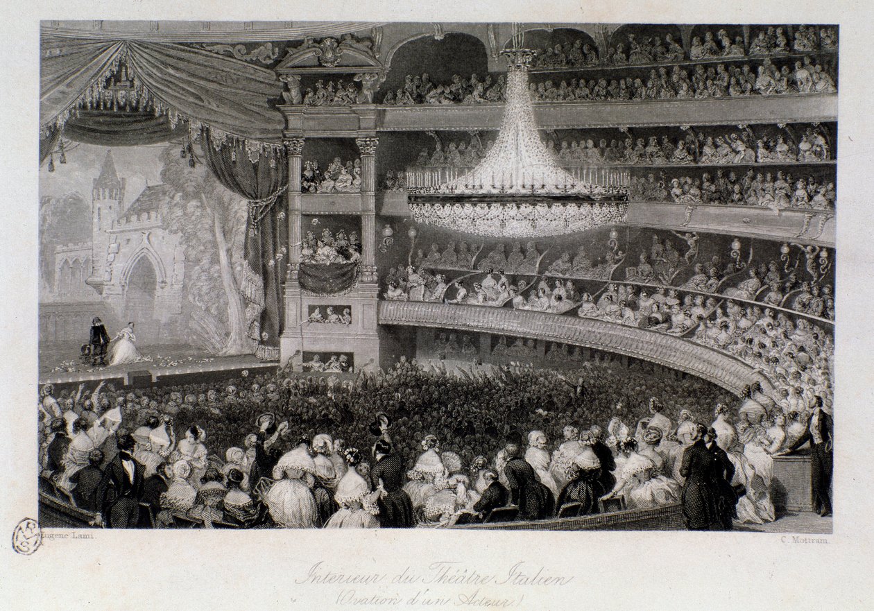 Ovatione di un attore durante una rappresentazione al Théâtre des Italiens a Parigi. Incisione di Eugene Louis Lami (1800-1890) 1843 Collezione privata da Eugene Louis Lami