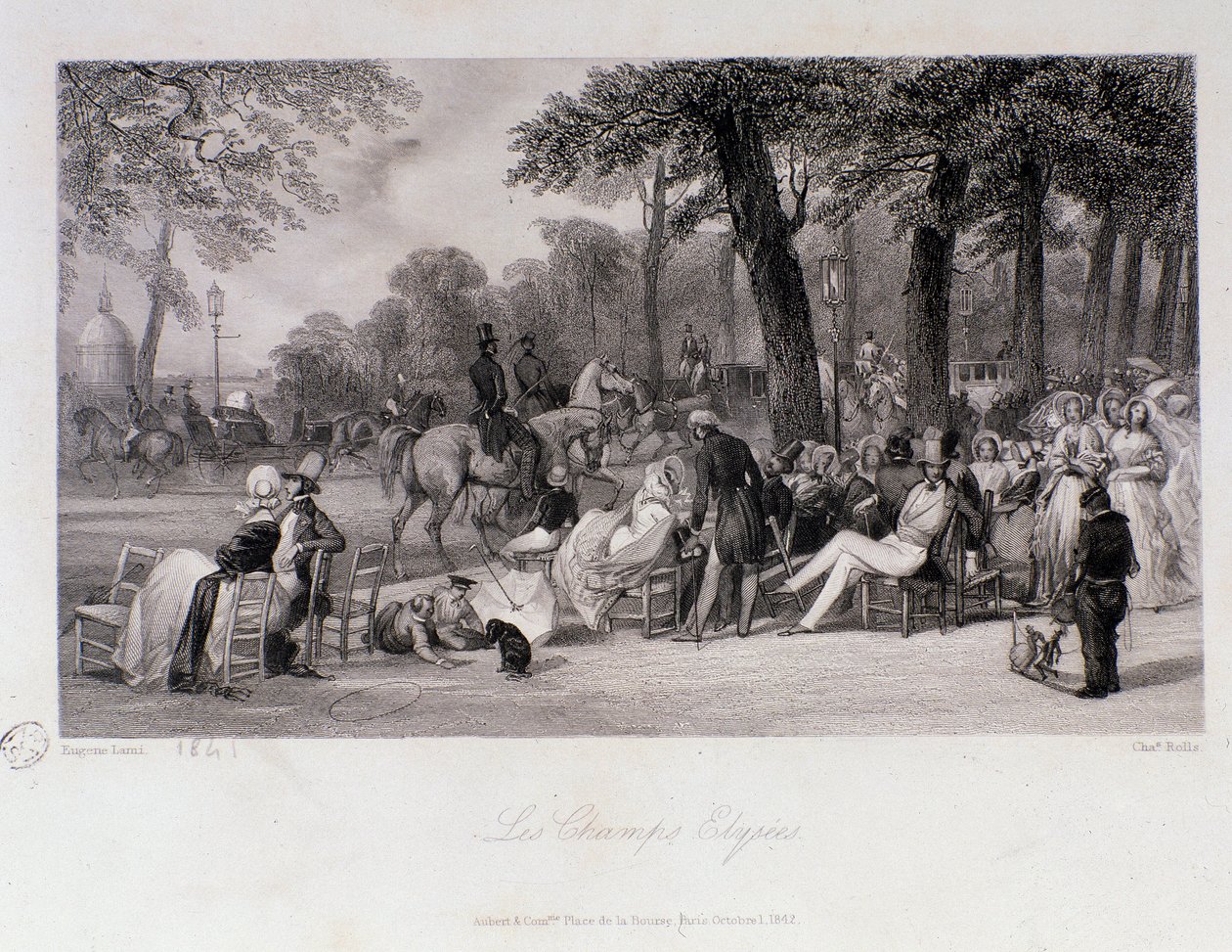 Passeggeri e passeggiatori sugli Champs Elysees a Parigi. Incisione di Eugene Louis Lami (1800-1890) 1841 Collezione privata da Eugene Louis Lami