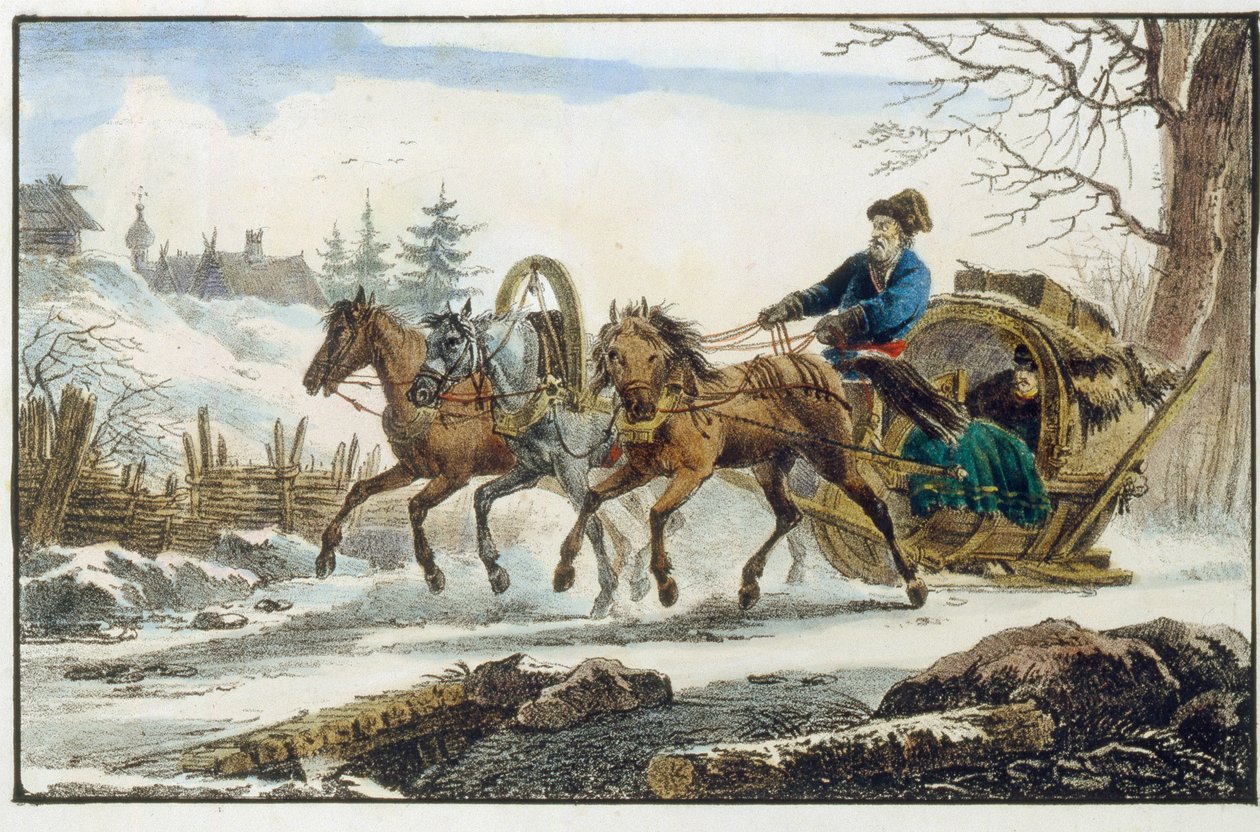 La slitta a cavallo, con riparo per viaggiatore da Eugéne Pluchart
