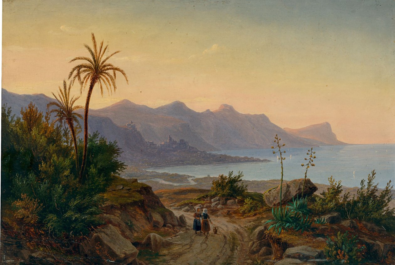 Eugen von Guérard - Paesaggio costiero meridionale con palme, 1844 da Eugene von Guérard