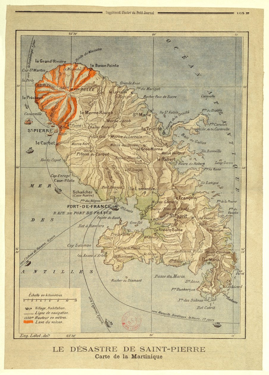 Il disastro di Saint-Pierre. Mappa della Martinica da Eugène Letot