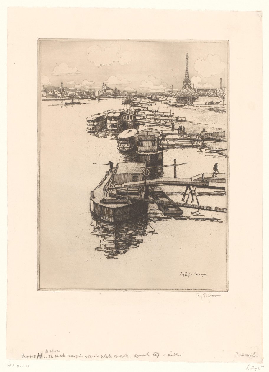 Banchina con battelli omnibus a Parigi con la Torre Eiffel sullo sfondo da Eugène Bejot (signed by artist)