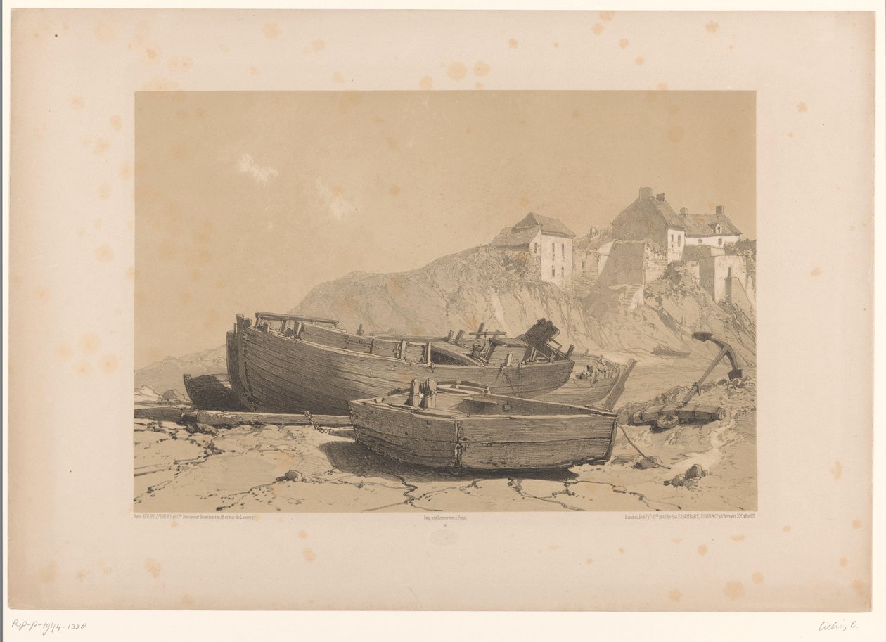 Costa rocciosa con barche e villaggio di pescatori da Eugène Cicéri (attributed to)