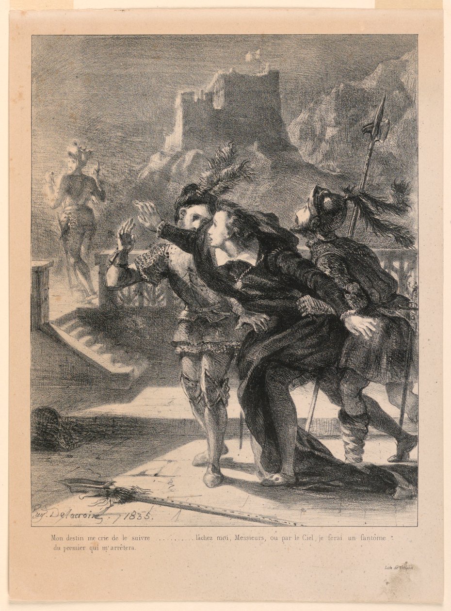 Illustrazione per Amleto: Amleto cerca di seguire il fantasma di suo padre (I,4) da Eugène Delacroix