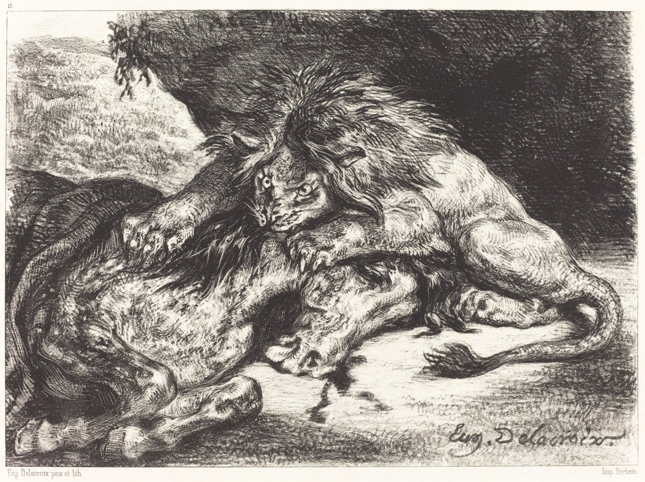 Leone che divora un cavallo da Eugène Delacroix