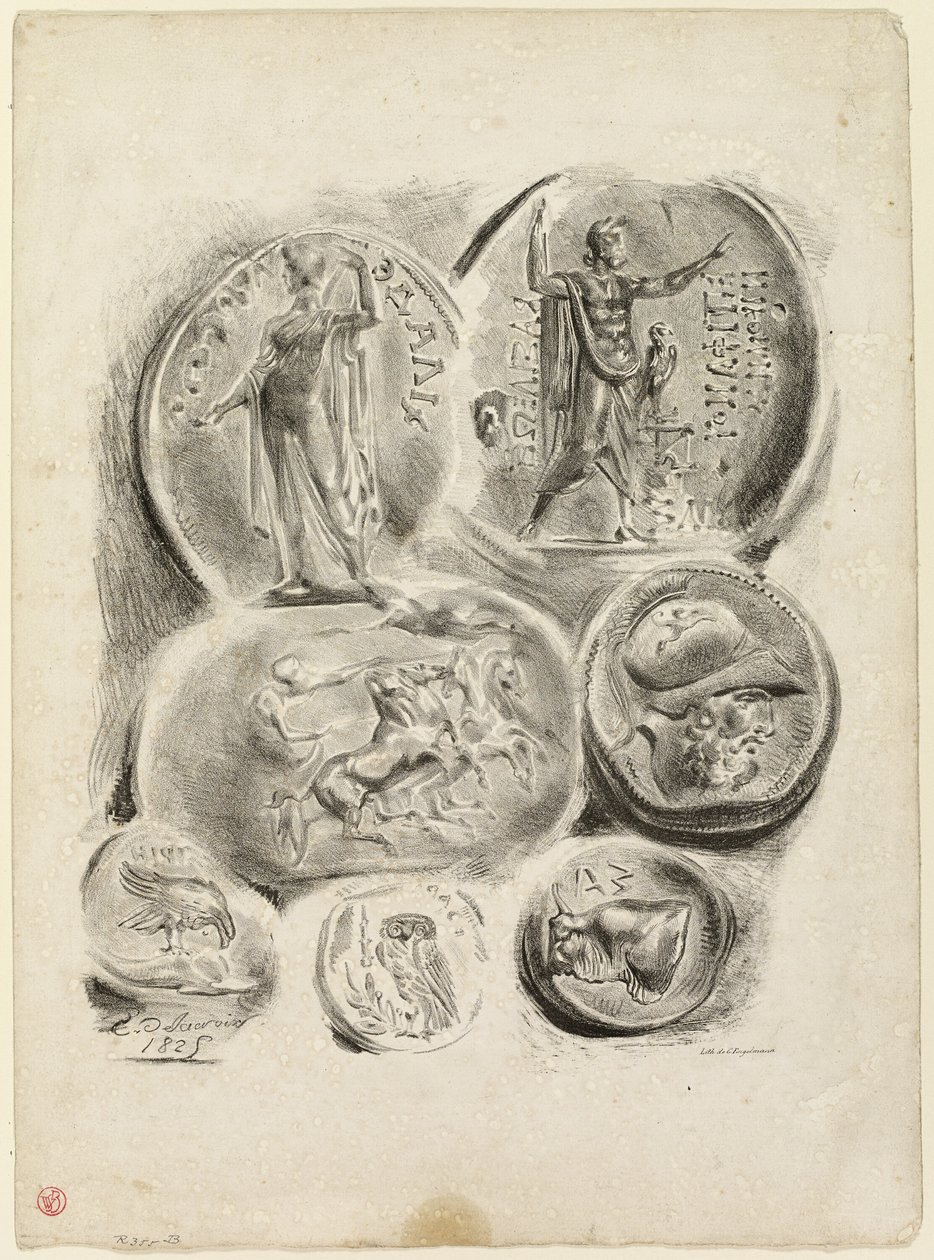 Foglio di sette medaglie antiche da Eugène Delacroix