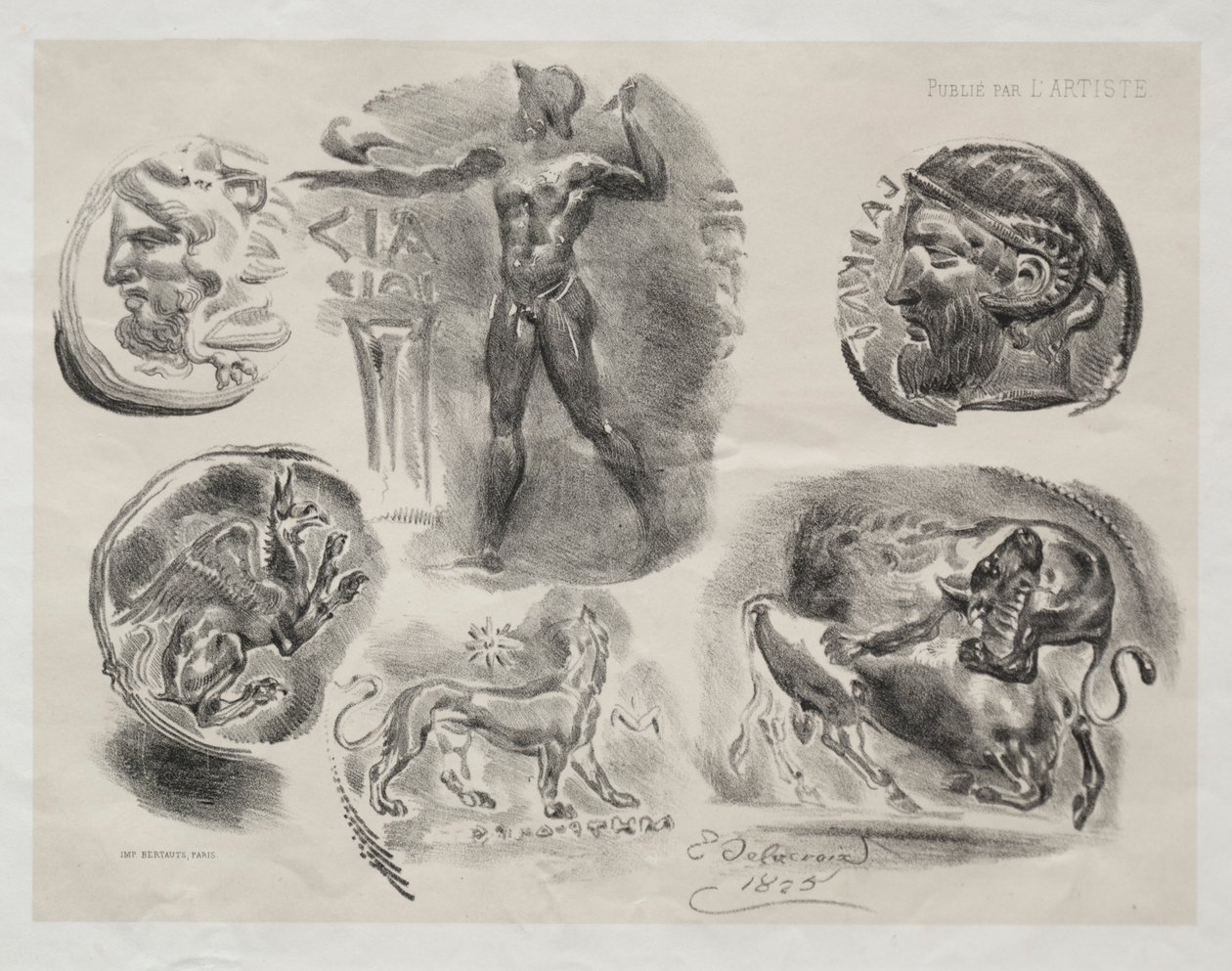 Foglio con sei medaglie antiche da Eugène Delacroix