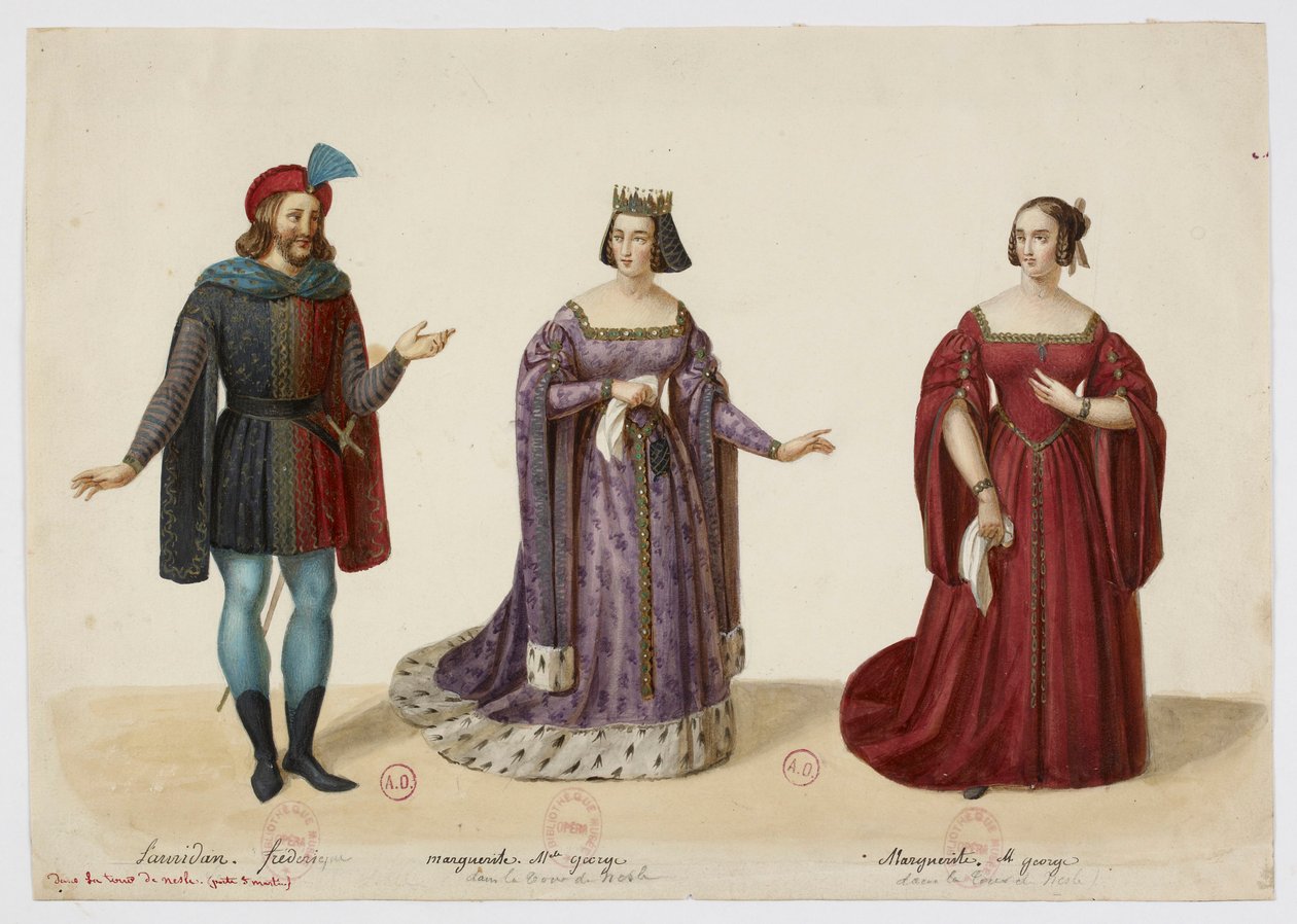 Costumi - Frederic Lemaitre come Buridan, Mlle George come Marguerite de Bourgogne (La Tour de Nesle, settembre 1832) da Eugène Du Faget