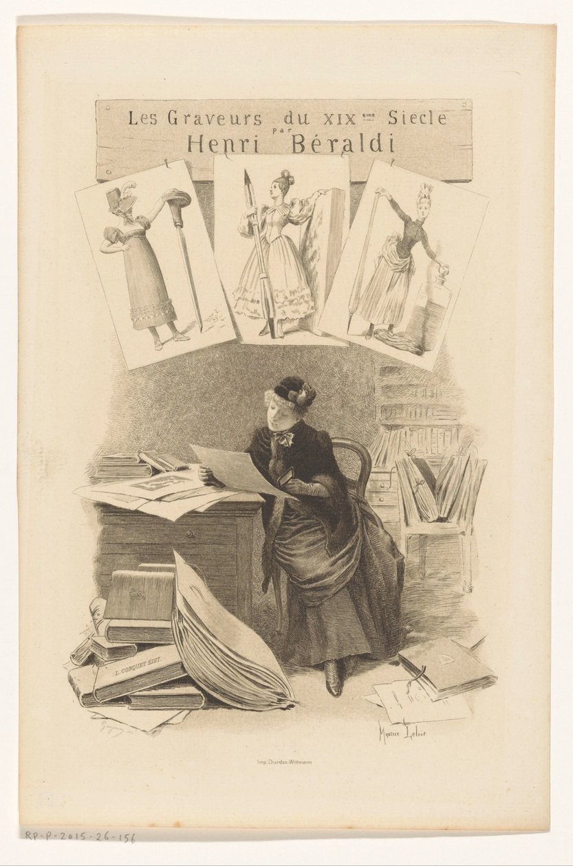 Donna che guarda stampe dietro una scrivania da Eugène Gaujean