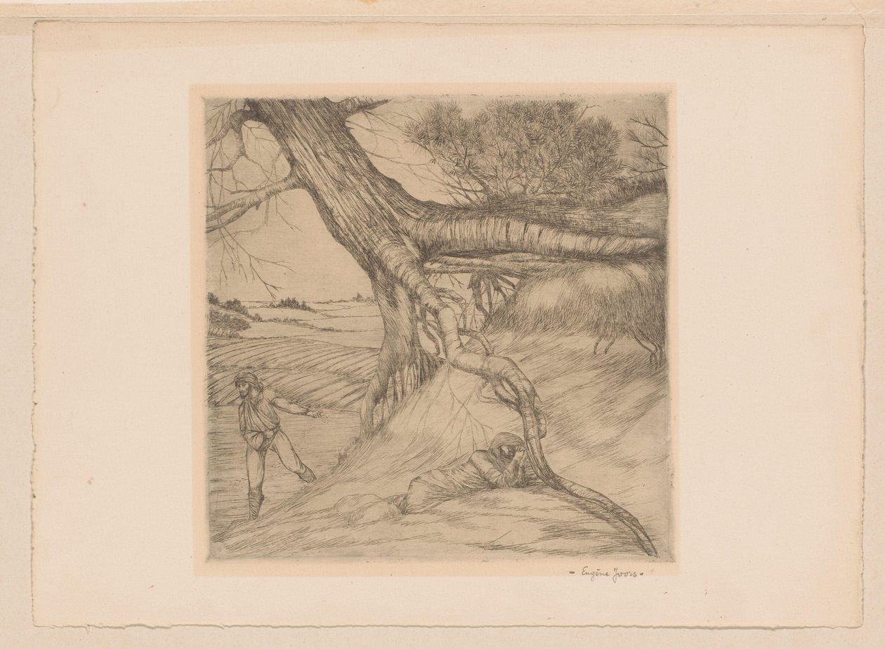 Seminatore e figura sdraiata con mani giunte in un paesaggio da Eugène Joors (signed by artist)