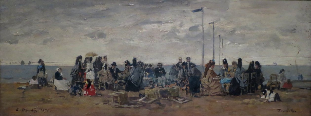 Kotava: "Piludafa nakila, Trouville (3) (trutca ke Boudin)".
Francese: Trouville. Scena sulla spiaggia da Eugene Louis Boudin