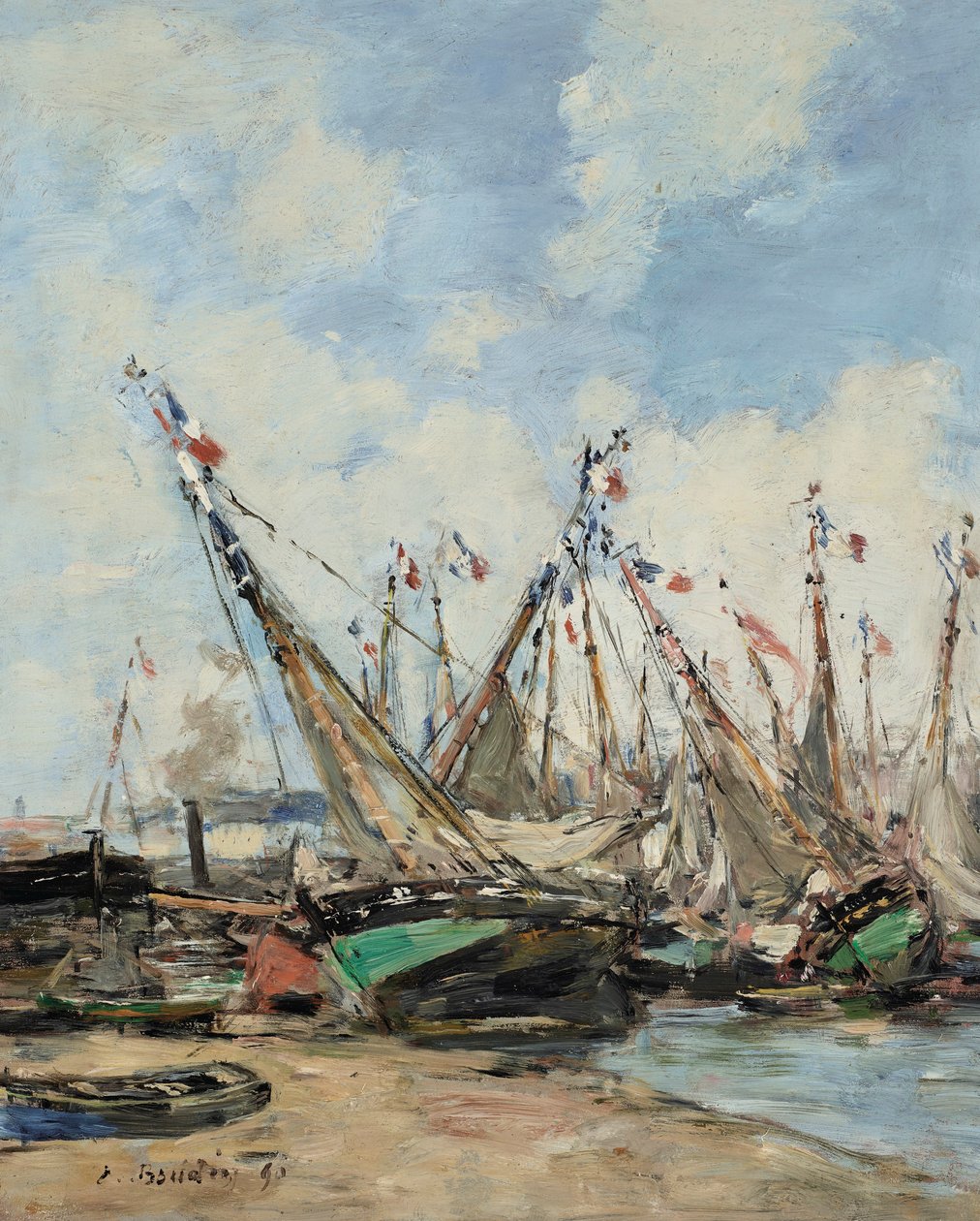 Trouville, il porto, barche a vela incagliate da Eugene Louis Boudin