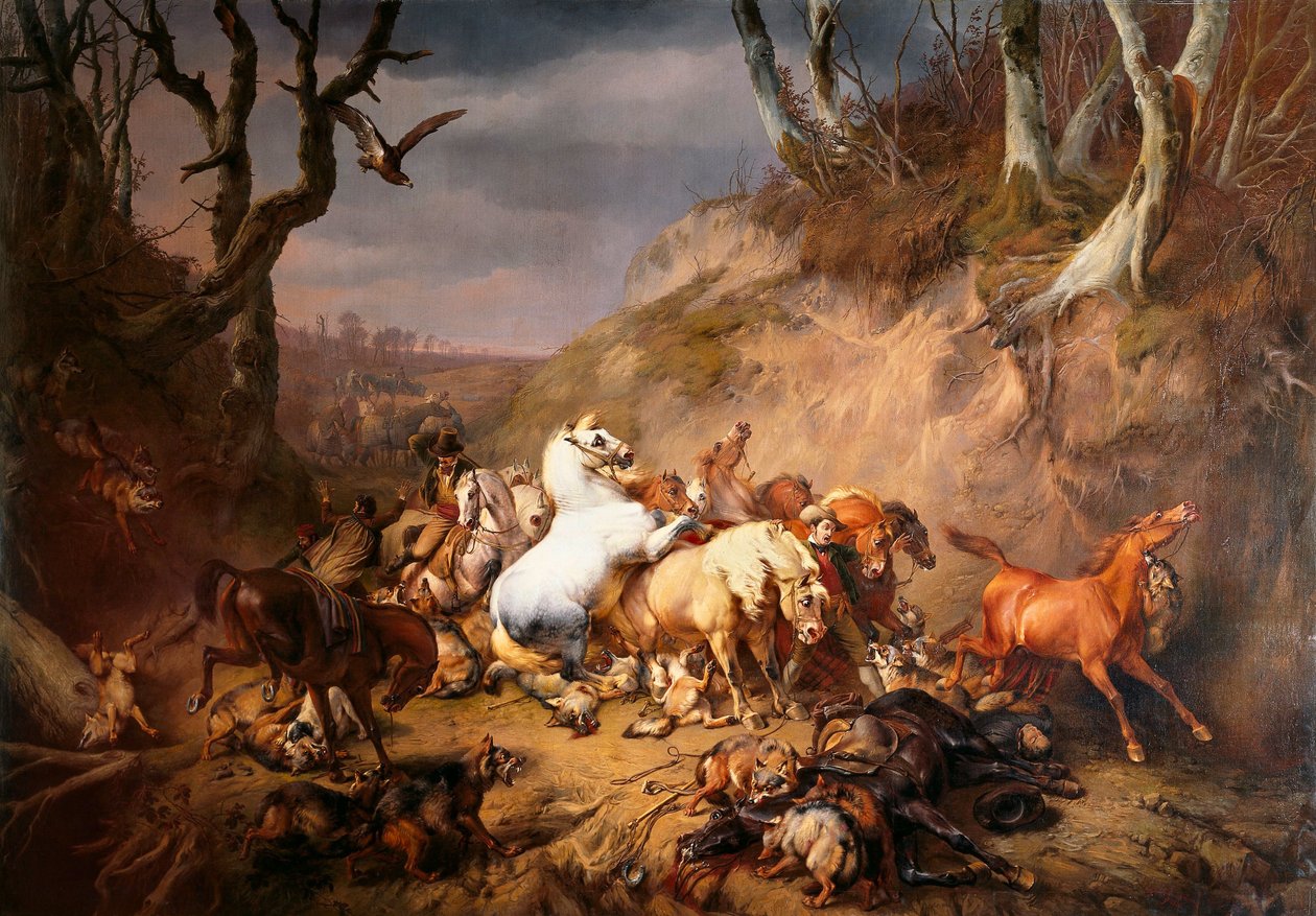 Lupi affamati che attaccano un gruppo di cavalieri da Eugène Verboeckhoven