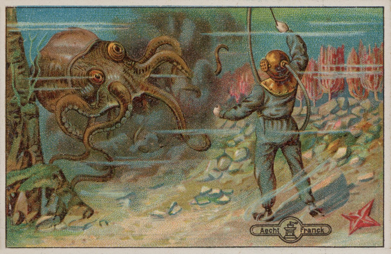 Un sub minacciato da un polpo (chromolitho) da European School