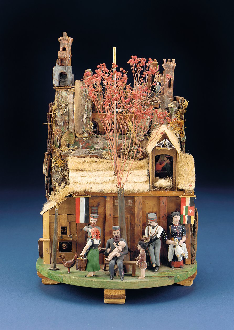 Scena meccanica militare di soldati, figure di legno fuori da una casa di paglia, fine XIX secolo da European School